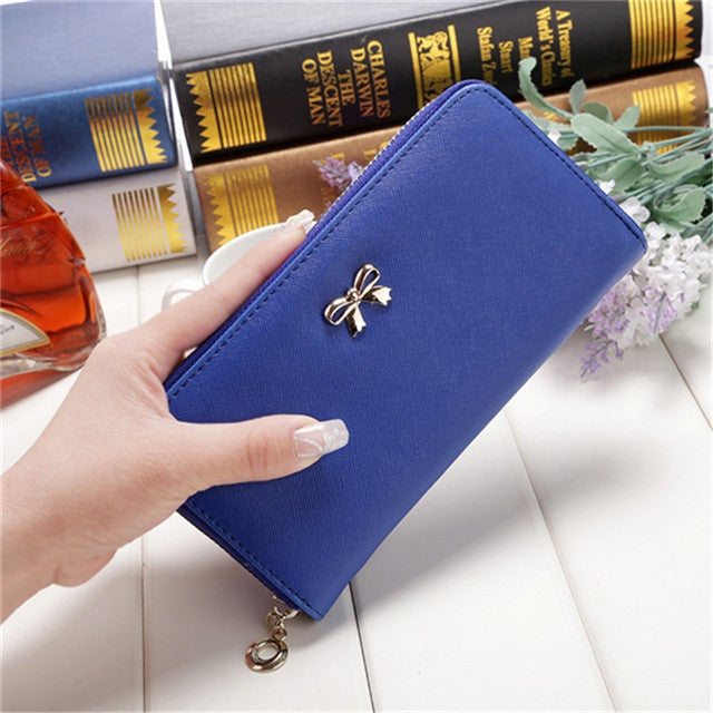 Korea Fashion Women's 3D Bow Knot Decoration Long Wallet Female Portable Leather Tote Purse