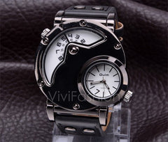 Men's Stainless Steel Leather Band Analog Quartz Clock Wrist Watch VVF