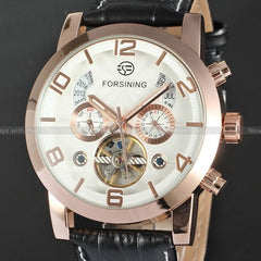 FORSINING Multifunction Mechanical Auto Analog Date Day Leather Strap Male Clock Men Dress Wrist Automatic Self Wind Watch with Gift Box