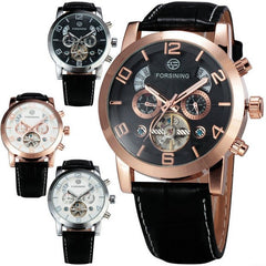 FORSINING Multifunction Mechanical Auto Analog Date Day Leather Strap Male Clock Men Dress Wrist Automatic Self Wind Watch with Gift Box