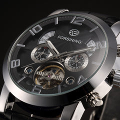 FORSINING Multifunction Mechanical Auto Analog Date Day Leather Strap Male Clock Men Dress Wrist Automatic Self Wind Watch with Gift Box