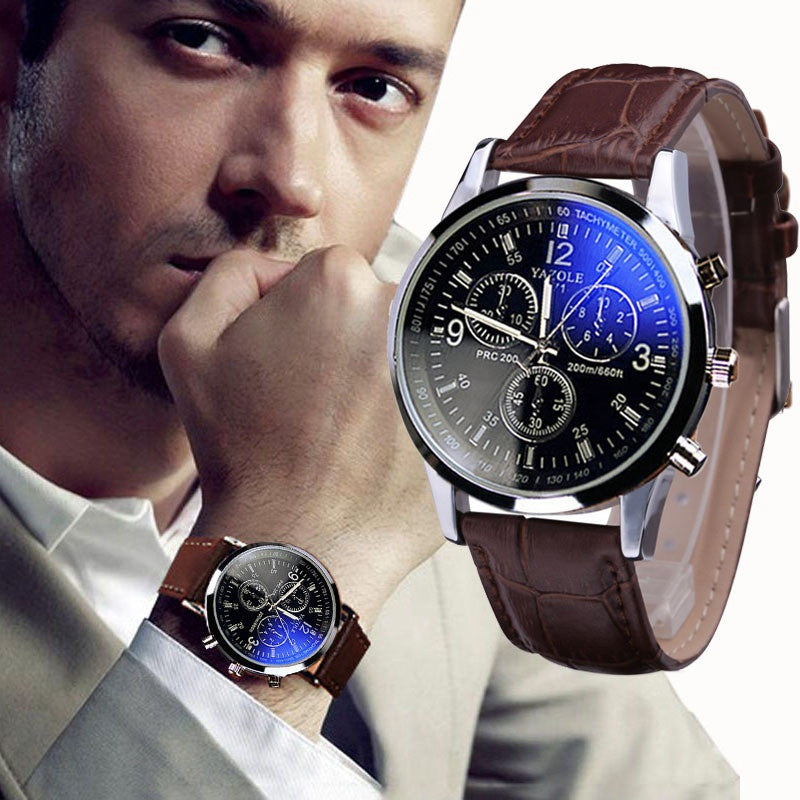 Men Fashion Luxury Faux Leather Blue Ray Glass Quartz Analog Watches Brown