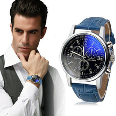 Men Fashion Luxury Faux Leather Blue Ray Glass Quartz Analog Watches Brown