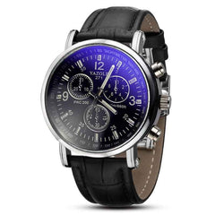 Men Fashion Luxury Faux Leather Blue Ray Glass Quartz Analog Watches Brown