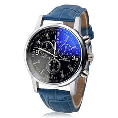 Men Fashion Luxury Faux Leather Blue Ray Glass Quartz Analog Watches Brown