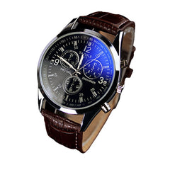 Men Fashion Luxury Faux Leather Blue Ray Glass Quartz Analog Watches Brown