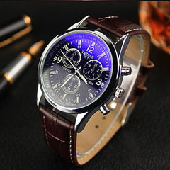 Men Fashion Luxury Faux Leather Blue Ray Glass Quartz Analog Watches Brown