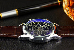 Men Fashion Luxury Faux Leather Blue Ray Glass Quartz Analog Watches Brown