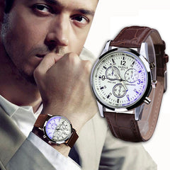 Men Fashion Luxury Faux Leather Blue Ray Glass Quartz Analog Watches Brown