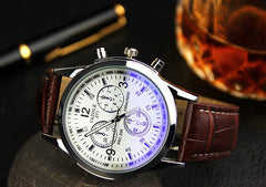 Men Fashion Luxury Faux Leather Blue Ray Glass Quartz Analog Watches Brown