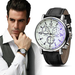 Men Fashion Luxury Faux Leather Blue Ray Glass Quartz Analog Watches Brown