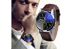 Men Fashion Luxury Faux Leather Blue Ray Glass Quartz Analog Watches Brown