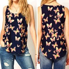 New Fashion Women Girls Lady Casual Butterfly Print Sleeveless Chiffon Tank Top Shirts Crew Vest