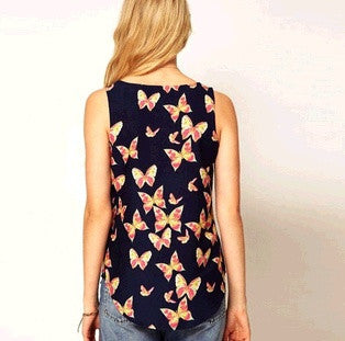 New Fashion Women Girls Lady Casual Butterfly Print Sleeveless Chiffon Tank Top Shirts Crew Vest