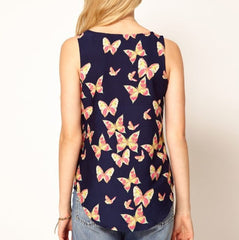 New Fashion Women Girls Lady Casual Butterfly Print Sleeveless Chiffon Tank Top Shirts Crew Vest