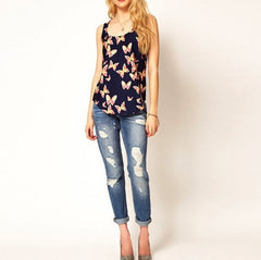 New Fashion Women Girls Lady Casual Butterfly Print Sleeveless Chiffon Tank Top Shirts Crew Vest