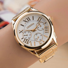 Fashion Luxury Men Women Geneva Casual Stainless Steel Analog Simple Gold Roman Numerals Round Movement Quartz Wrist Watch
