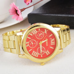 Fashion Luxury Men Women Geneva Casual Stainless Steel Analog Simple Gold Roman Numerals Round Movement Quartz Wrist Watch