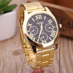 Fashion Luxury Men Women Geneva Casual Stainless Steel Analog Simple Gold Roman Numerals Round Movement Quartz Wrist Watch