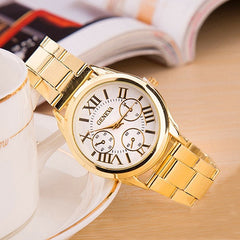 Fashion Luxury Men Women Geneva Casual Stainless Steel Analog Simple Gold Roman Numerals Round Movement Quartz Wrist Watch
