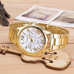 Fashion Luxury Men Women Geneva Casual Stainless Steel Analog Simple Gold Roman Numerals Round Movement Quartz Wrist Watch