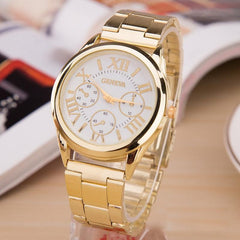 Fashion Luxury Men Women Geneva Casual Stainless Steel Analog Simple Gold Roman Numerals Round Movement Quartz Wrist Watch