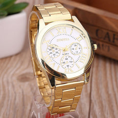 Fashion Luxury Men Women Geneva Casual Stainless Steel Analog Simple Gold Roman Numerals Round Movement Quartz Wrist Watch