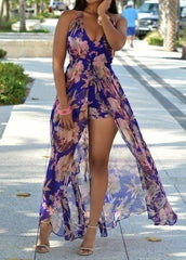 Women Fashion Flower Print Halter Neck Maxi Romper