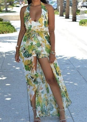 Women Fashion Flower Print Halter Neck Maxi Romper