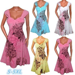 Women Fashion Plus Size Sleeveless Floral Print Collect Waist Chiffon Short Dress (S-XXXXXL) WZC5078