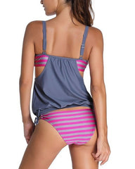 Fashion Sexy Women's Stripes Lined Up Double Up Tankini Bikini Swimwear Swimsuit