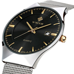 WWOOR Watch Men Date Quartz-watch Stainless Steel Mesh Strap Ultra Thin Dial Clock
