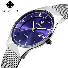 WWOOR Watch Men Date Quartz-watch Stainless Steel Mesh Strap Ultra Thin Dial Clock