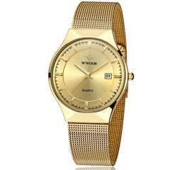 WWOOR Watch Men Date Quartz-watch Stainless Steel Mesh Strap Ultra Thin Dial Clock