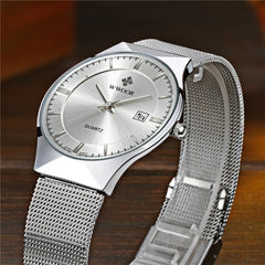 WWOOR Watch Men Date Quartz-watch Stainless Steel Mesh Strap Ultra Thin Dial Clock