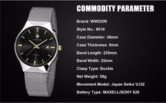 WWOOR Watch Men Date Quartz-watch Stainless Steel Mesh Strap Ultra Thin Dial Clock