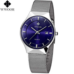 WWOOR Watch Men Date Quartz-watch Stainless Steel Mesh Strap Ultra Thin Dial Clock