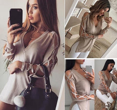 Women Blouse Deep V Cross Strap Long-sleeved Women Split T-shirt