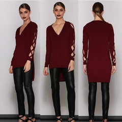 Women Blouse Deep V Cross Strap Long-sleeved Women Split T-shirt