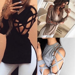 Women Blouse Deep V Cross Strap Long-sleeved Women Split T-shirt