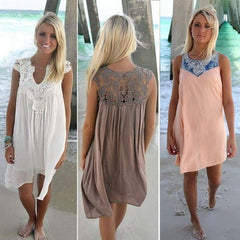 Fashion Women Casual Chiffon Dress V neck Short Sleeve Lace Crochet Patchwork Hollow Out Mini Loose Beach Dress Plus Size