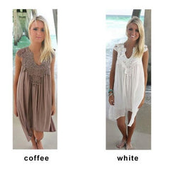 Fashion Women Casual Chiffon Dress V neck Short Sleeve Lace Crochet Patchwork Hollow Out Mini Loose Beach Dress Plus Size