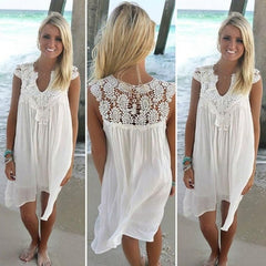 Fashion Women Casual Chiffon Dress V neck Short Sleeve Lace Crochet Patchwork Hollow Out Mini Loose Beach Dress Plus Size
