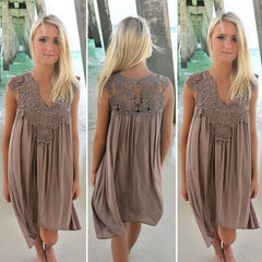Fashion Women Casual Chiffon Dress V neck Short Sleeve Lace Crochet Patchwork Hollow Out Mini Loose Beach Dress Plus Size