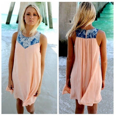 Fashion Women Casual Chiffon Dress V neck Short Sleeve Lace Crochet Patchwork Hollow Out Mini Loose Beach Dress Plus Size