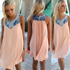 Fashion Women Casual Chiffon Dress V neck Short Sleeve Lace Crochet Patchwork Hollow Out Mini Loose Beach Dress Plus Size