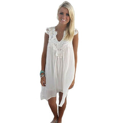 Fashion Women Casual Chiffon Dress V neck Short Sleeve Lace Crochet Patchwork Hollow Out Mini Loose Beach Dress Plus Size