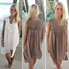 Fashion Women Casual Chiffon Dress V neck Short Sleeve Lace Crochet Patchwork Hollow Out Mini Loose Beach Dress Plus Size