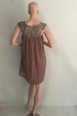 Fashion Women Casual Chiffon Dress V neck Short Sleeve Lace Crochet Patchwork Hollow Out Mini Loose Beach Dress Plus Size
