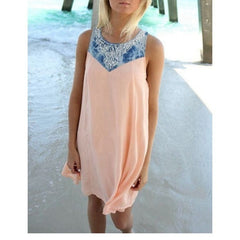 Fashion Women Casual Chiffon Dress V neck Short Sleeve Lace Crochet Patchwork Hollow Out Mini Loose Beach Dress Plus Size